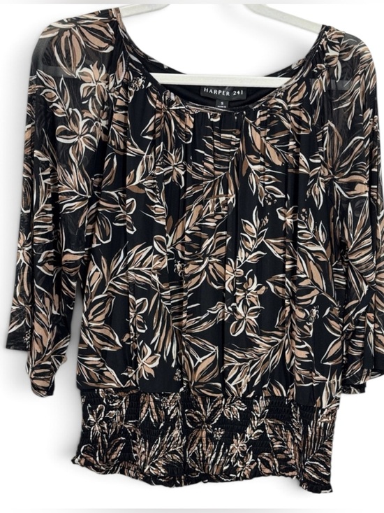 Harper Tops - Harper Black and Tan Floral Flowy Sheer Sleeve Blouse - Size Small